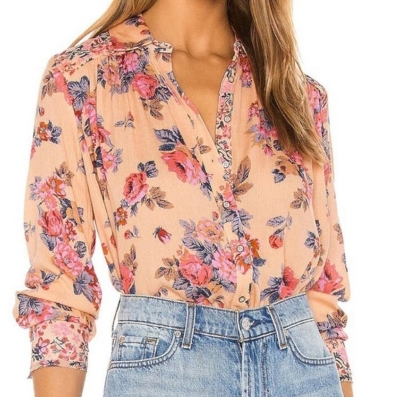 Free People Coral Hold On To Me Floral Button Up Top M - Picture 1 of 7